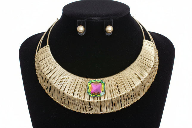 Choker Gold Crystal Wide Rigid Armor Set for Women