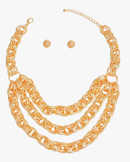 Women's Chain Necklace Set Chunky Hollow Gold Metal Textured Oval Double Link Necklace Featuring Triple Layer Chain Detail. Layered Chain Detail measures 2.25" wide. Lobster Clasp Closure. Includes Matching Hammered Button Stud Post Backing Earrings.