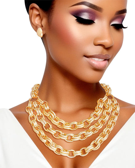 Women's Chain Necklace Set Chunky Hollow Gold Metal Textured Oval Double Link Necklace Featuring Triple Layer Chain Detail. Layered Chain Detail measures 2.25" wide. Lobster Clasp Closure. Includes Matching Hammered Button Stud Post Backing Earrings.
