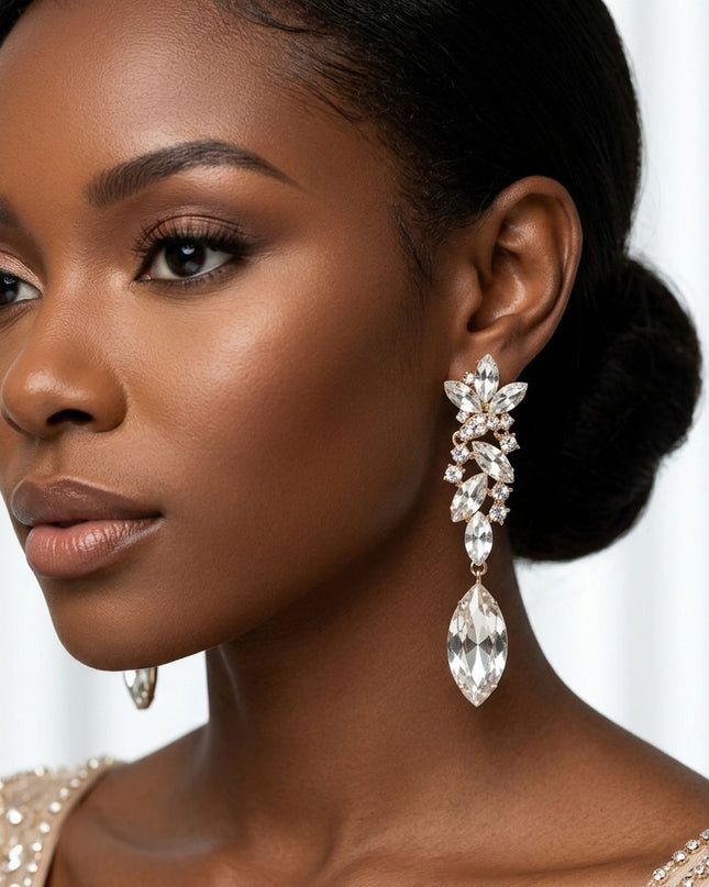 Gold Marquise Glass Crystal Drop Clip On Earrings