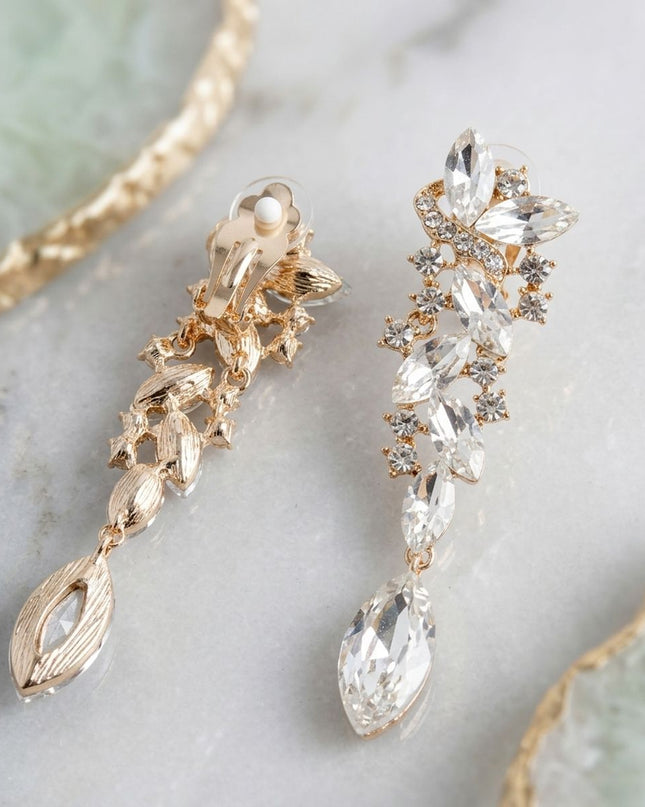 Gold Marquise Glass Crystal Drop Clip On Earrings