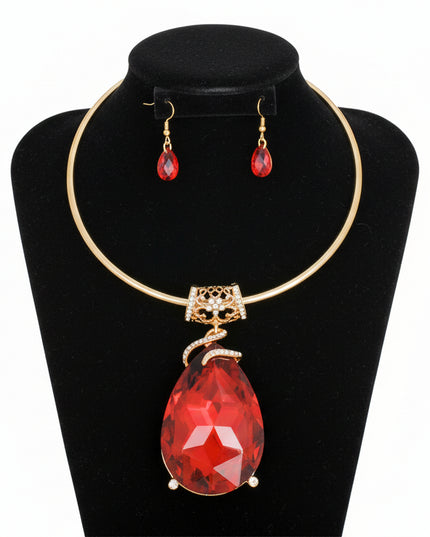 Women's Pendant Choker Necklace Set Gold Metal Rigid Collar Choker Necklace Featuring Large Elegant Filigree and Rhinestone Slide with Red Crystal Teardrop Pendant. 