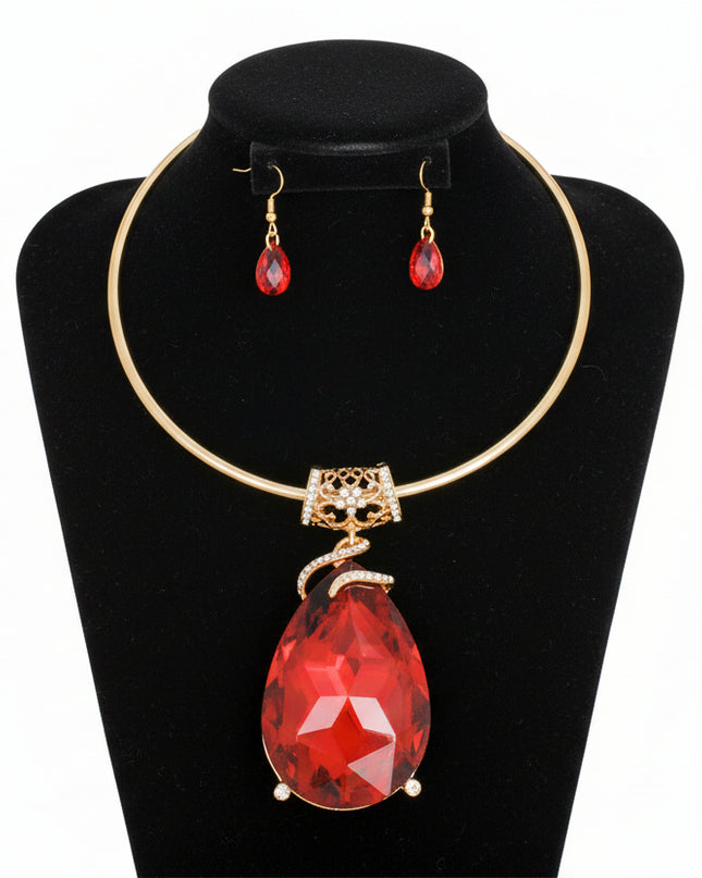 Women's Pendant Choker Necklace Set Gold Metal Rigid Collar Choker Necklace Featuring Large Elegant Filigree and Rhinestone Slide with Red Crystal Teardrop Pendant. 