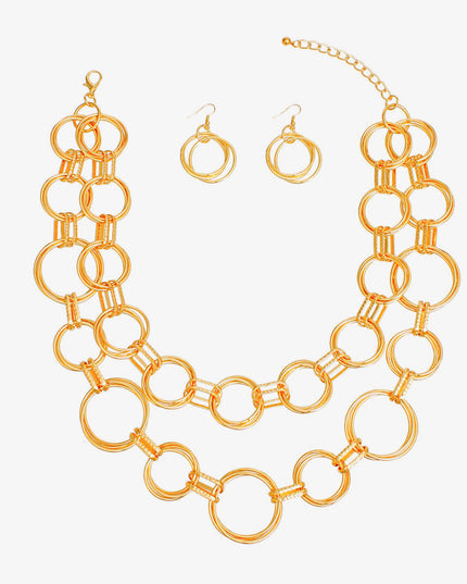 Women's Chain Necklace Set Chunky Double Layer Chain Necklace Featuring Triple Gold Metal Rings Linked with Textured Oval Links. Large Rings Measure 1.5" each. Necklace measures 20" to 26". Lobster Clasp Closure. Include Matching Triple Ring Fishhook Earrings.