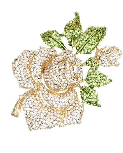 Women's Brooch Pin XL Gold Metal Blooming Rose and Leaf Shaped Brooch Featuring Clear and Aurora Borealis Rhinestones with Green Leaf Stone Details. Safety Pin C Clasp Closure. Heavy.