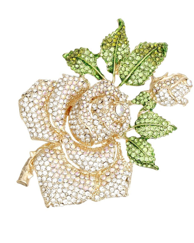 Women's Brooch Pin XL Gold Metal Blooming Rose and Leaf Shaped Brooch Featuring Clear and Aurora Borealis Rhinestones with Green Leaf Stone Details. Safety Pin C Clasp Closure. Heavy.