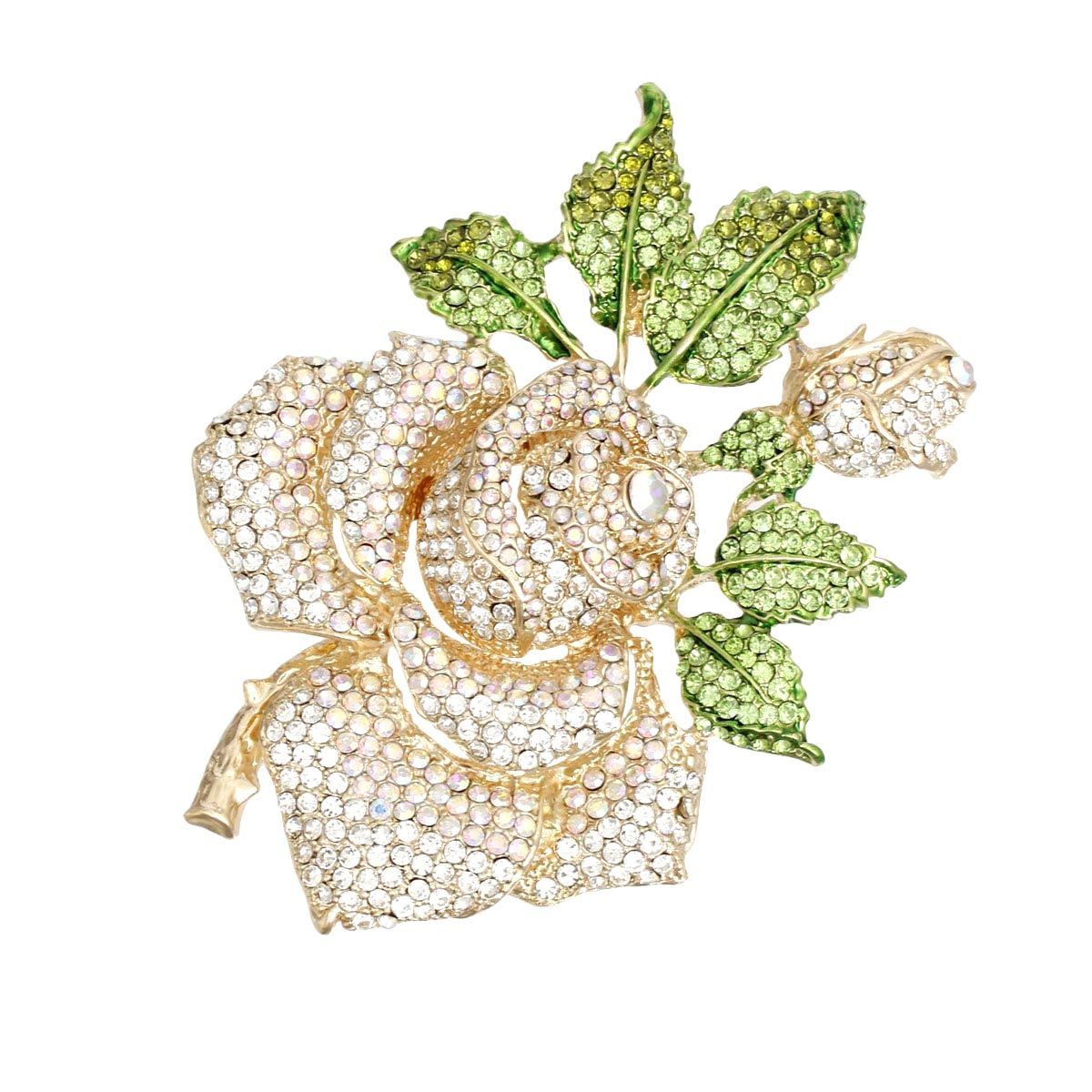 Women's Brooch Pin XL Gold Metal Blooming Rose and Leaf Shaped Brooch Featuring Clear and Aurora Borealis Rhinestones with Green Leaf Stone Details. Safety Pin C Clasp Closure. Heavy.