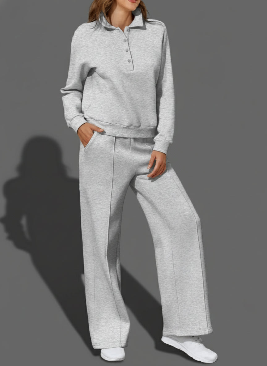 Gray collard sweatshirt and high waist matching pants