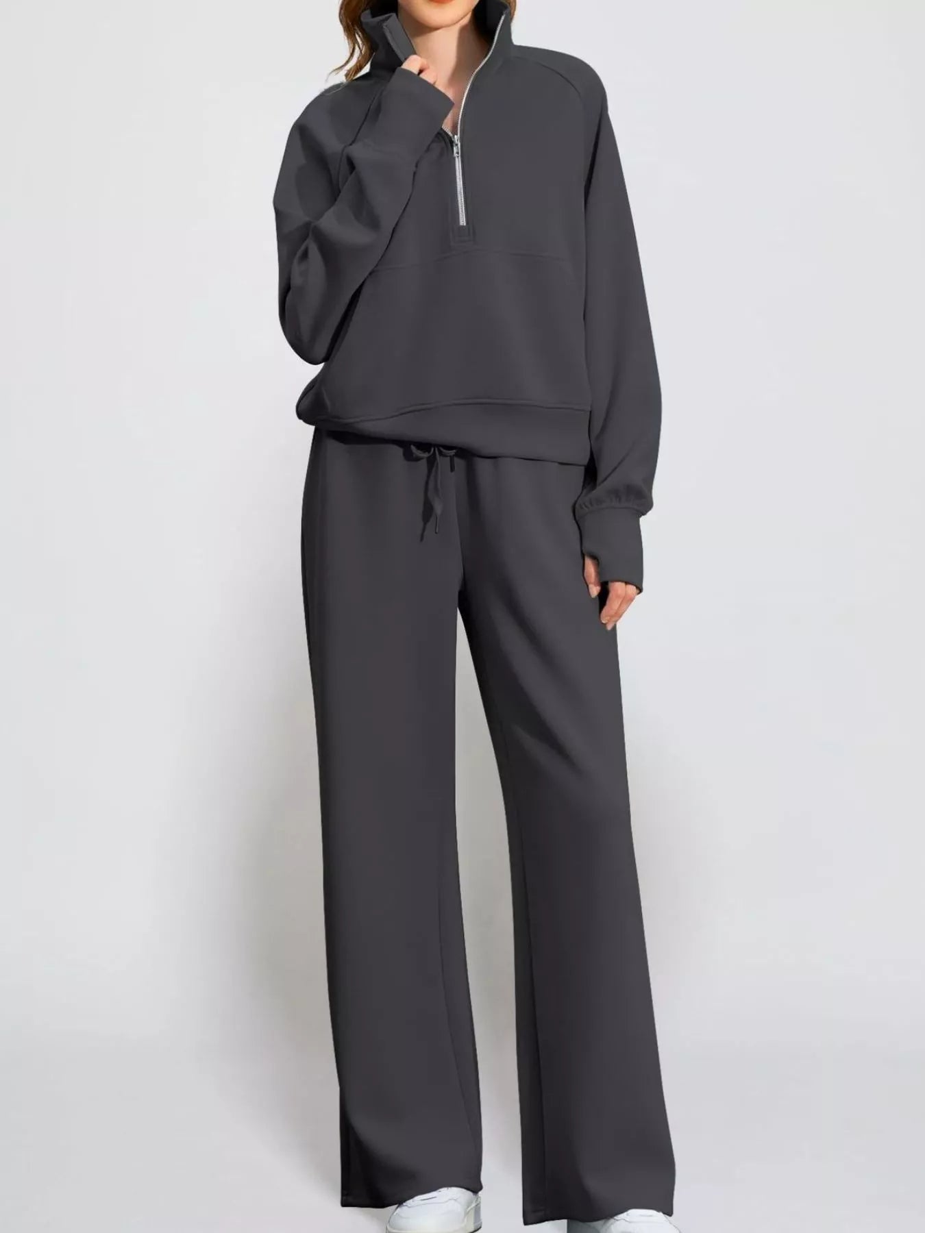 Gray High Collar Sweatshirt and Wide-Leg Pants