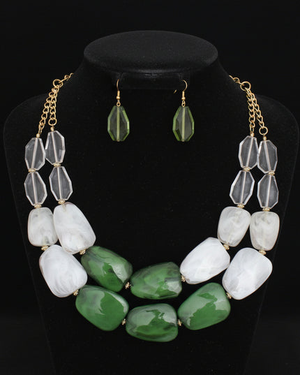 Women's Collar Necklace Set. Earthy Meets Electric Vibrant Marbled Green and Light Green Acrylic Resin Stone-Like Bead Double Layer Necklace Featuring Purple Faceted Acrylic Bead Details.
