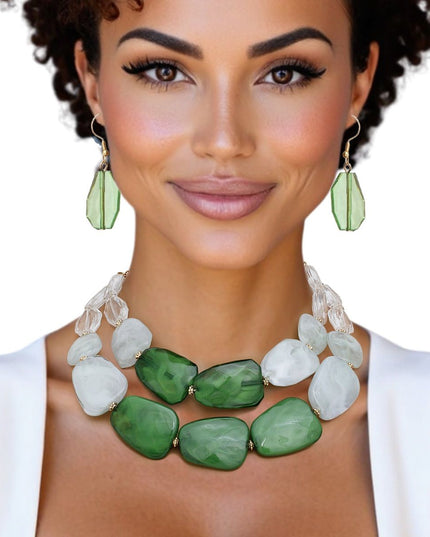 Women's Collar Necklace Set. Earthy Meets Electric Vibrant Marbled Green and Light Green Acrylic Resin Stone-Like Bead Double Layer Necklace Featuring Purple Faceted Acrylic Bead Details.