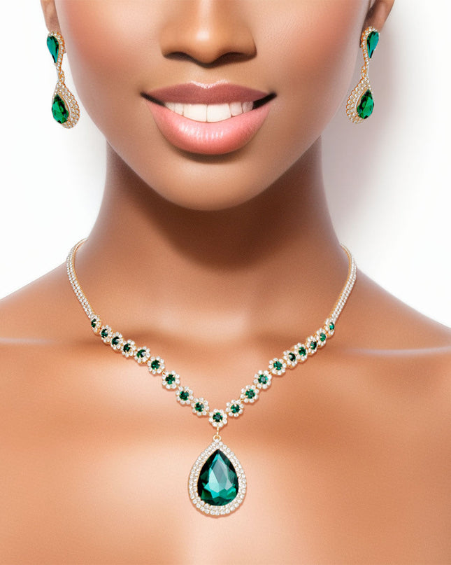 Women's Pendant Necklace Set Formal Gold Metal with Clear Pave Rhinestone Necklace Featuring Sparkling Green Crystal Details and Green Crystal Teardrop Pendant. 