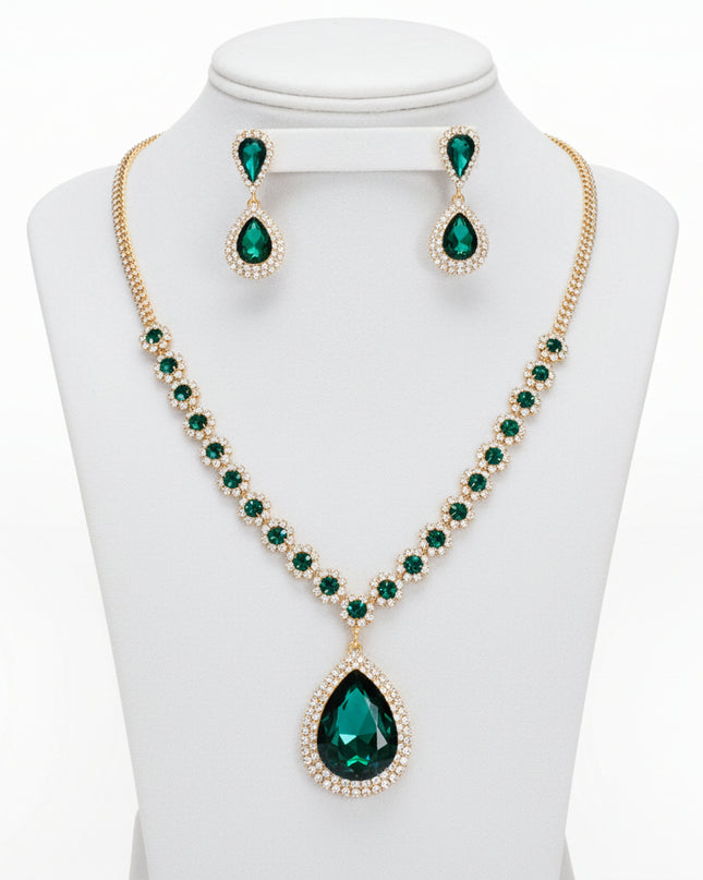 Women's Pendant Necklace Set Formal Gold Metal with Clear Pave Rhinestone Necklace Featuring Sparkling Green Crystal Details and Green Crystal Teardrop Pendant. 