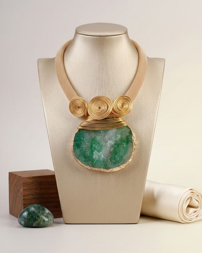 Women's Statement Collar Pendant Necklace. Tribal Gold Metal Mesh Collar Necklace Featuring a Wide Squared Mesh Chain and an Oversized Pendant Crafted with Intricately Coiled Gold Metal Wire.