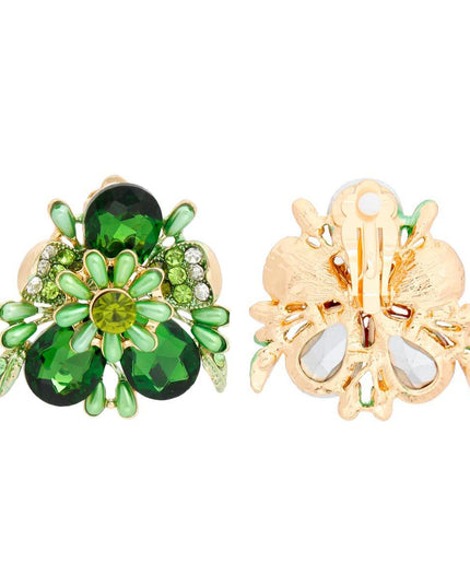 Women's Clip-On Earrings Gold Metal Flower Clip-Ons Featuring Green Teardrop Crystals, Rhinestones, Oblong Pearls, and Green Leaf Details. Paddle Back Clip-Ons.