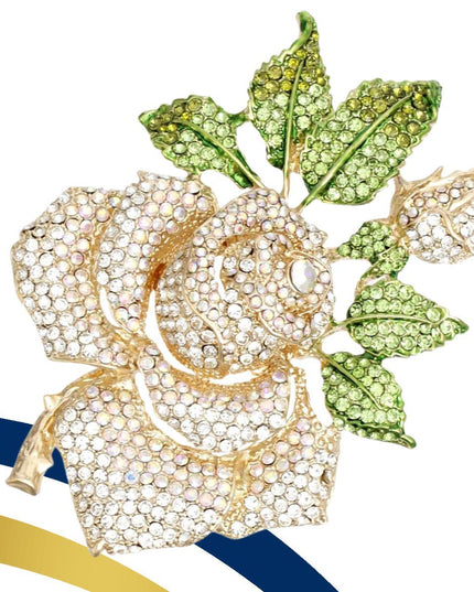 Women's Brooch Pin XL Gold Metal Blooming Rose and Leaf Shaped Brooch Featuring Clear and Aurora Borealis Rhinestones with Green Leaf Stone Details. Safety Pin C Clasp Closure. Heavy.