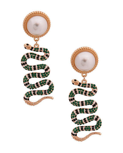 Gold Metal Pearl Earrings Featuring Designer Style Green Stripe Rhinestone Snake Drop Detail. Earrings measure .75 inches wide.