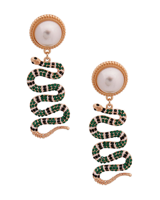 Gold Metal Pearl Earrings Featuring Designer Style Green Stripe Rhinestone Snake Drop Detail. Earrings measure .75 inches wide.