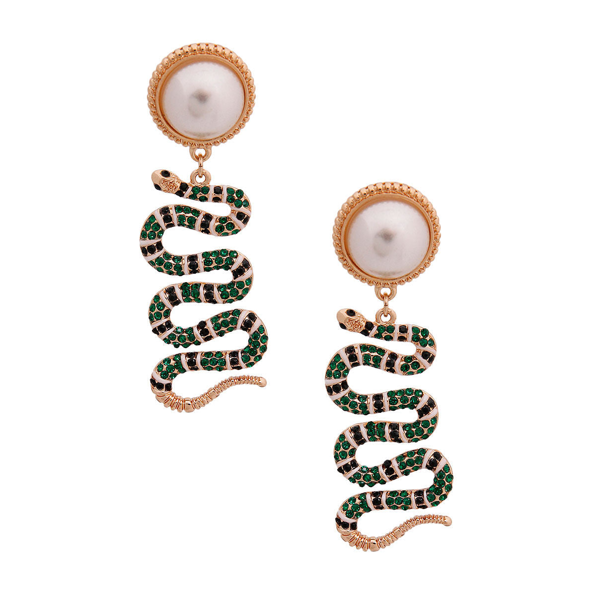 Gold Metal Pearl Earrings Featuring Designer Style Green Stripe Rhinestone Snake Drop Detail. Earrings measure .75 inches wide.