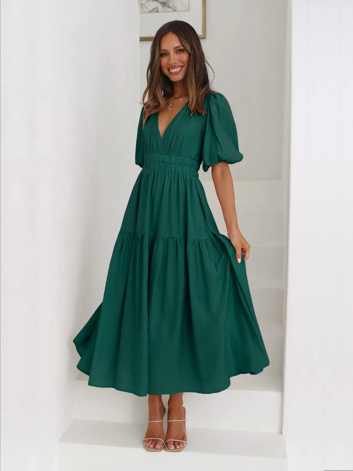 Green midi dress with puffed sleeves