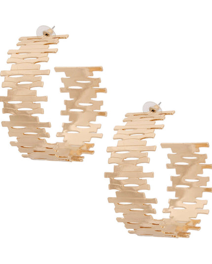 Women's Hoop Earrings Large Gold Metal Stacked Pieces Design Wide Open C Hoops. Post Backing