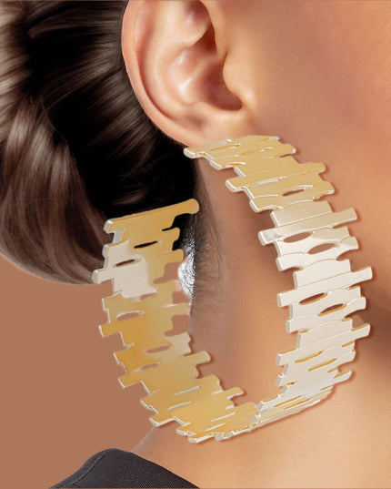 Women's Hoop Earrings Large Gold Metal Stacked Pieces Design Wide Open C Hoops. Post Backing.