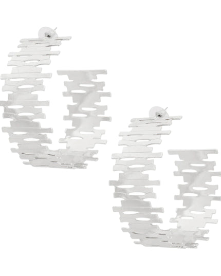 Women's Hoop Earrings Large Silver Metal Stacked Pieces Design Wide Open C Hoops. Post Backing.