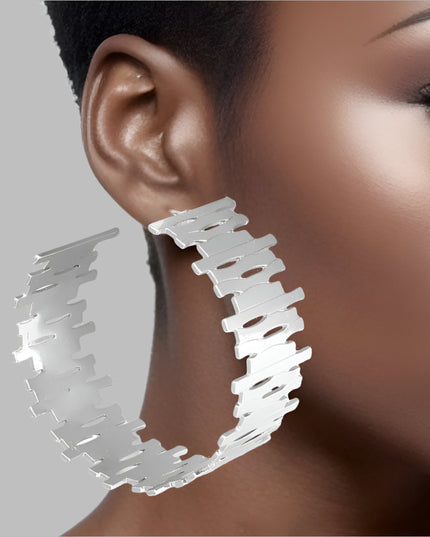 Women's Hoop Earrings Large Silver Metal Stacked Pieces Design Wide Open C Hoops. Post Backing.