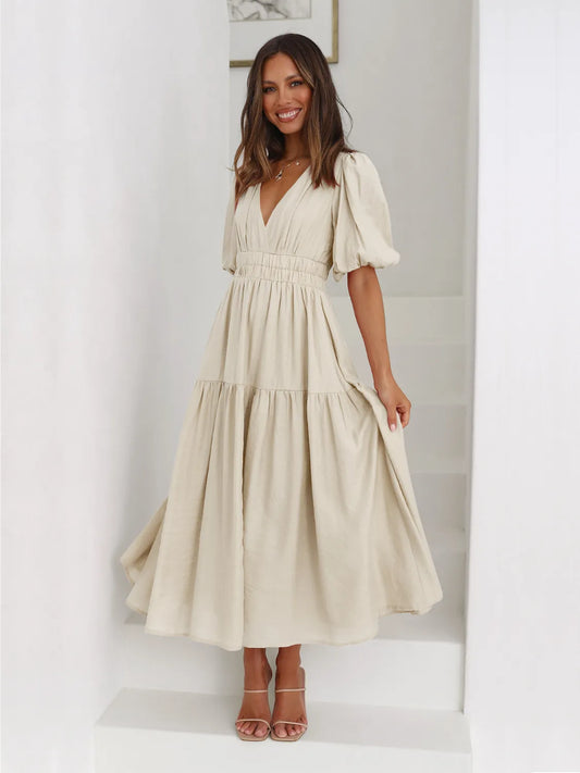  Beige dress with puff sleeves 