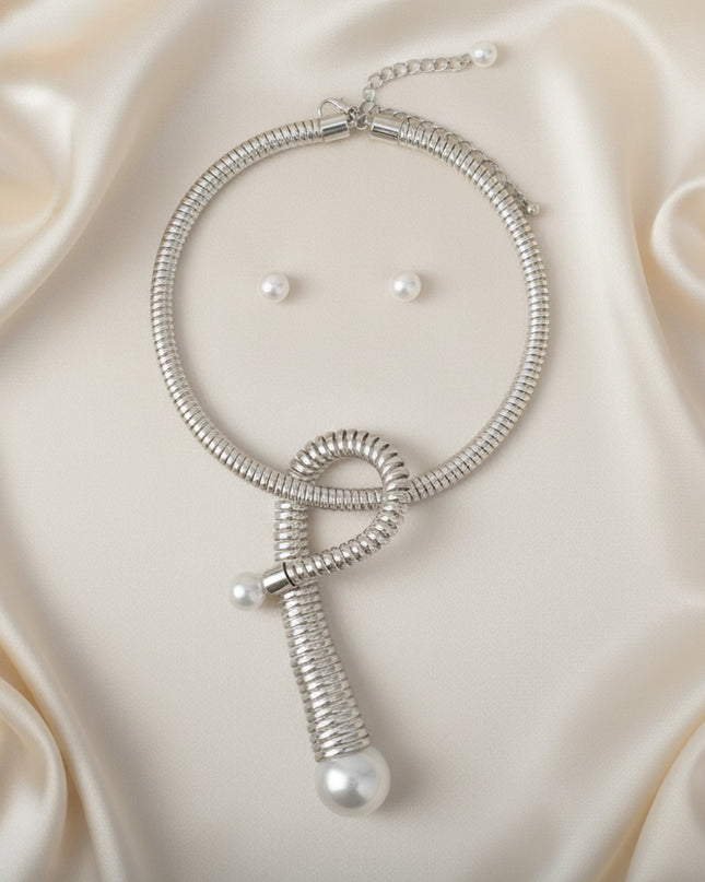 Women's Pendant Necklace Set. Handmade Fashion-Forward Silver Metal Coiled Spring Design Rigid Collar Necklace Featuring Chunky Looped Coil Pendant with Acrylic White Pearl Details. 