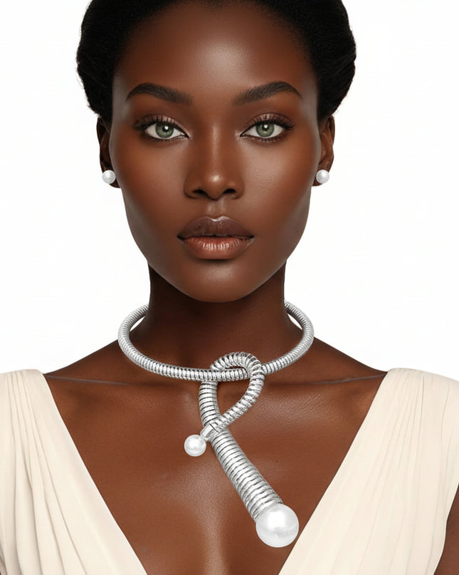 Women's Pendant Necklace Set. Handmade Fashion-Forward Silver Metal Coiled Spring Design Rigid Collar Necklace Featuring Chunky Looped Coil Pendant with Acrylic White Pearl Details. 
