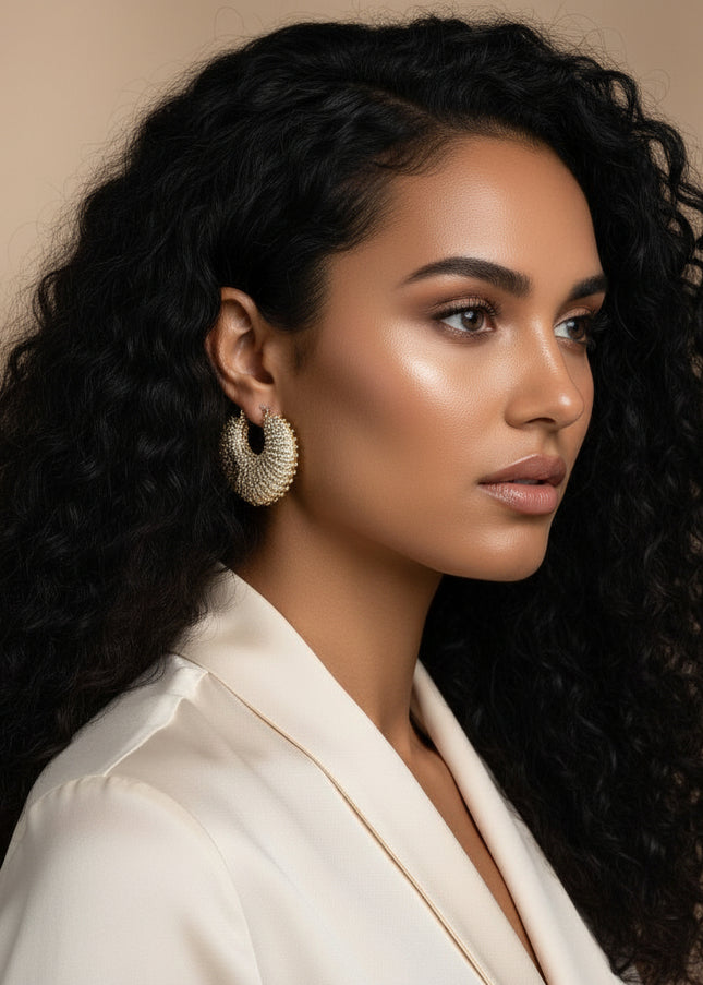 Women's Hoop Earrings. Maximum Sparkle Statement Earrings. Bold Gold Metal Chunky Croissant Shaped Hoop Earrings Featuring Aurora Borealis Rhinestone Stripe Detailing. Latch Closure.