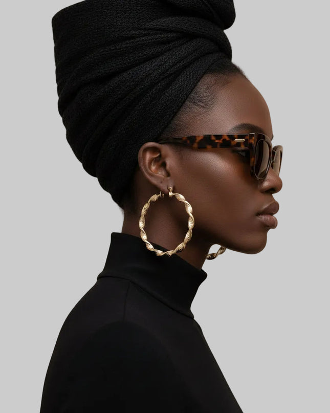 Hoop Gold Twisted Greek Key Earrings for Women/Teen. Modernized Classic Polished Gold Acrylic Twisted Hoop Earrings Featuring Greek Key Pattern Detailing.