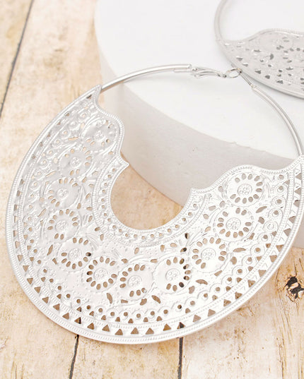 Women's Hoop Earrings. Handcrafted Artistry Large Silver Metal Hoop Earrings Featuring Intricate Filigree Boho Pattern Detailing. Omega Hoop Closure.