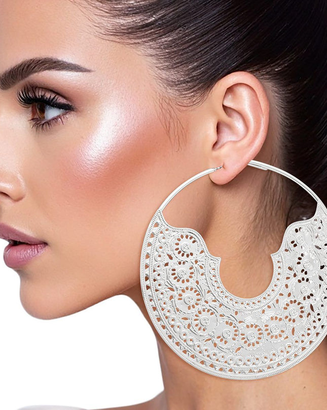 Women's Hoop Earrings. Handcrafted Artistry Large Silver Metal Hoop Earrings Featuring Intricate Filigree Boho Pattern Detailing. Omega Hoop Closure.