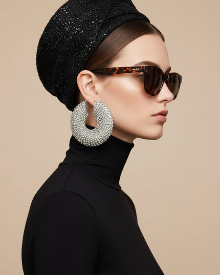 Women's Hoop Earrings. Oversized Thick Chunky Design Silver Metal Hoop Earrings Featuring Show-stopping Aurora Borealis Rhinestone Stripe Detailing.
