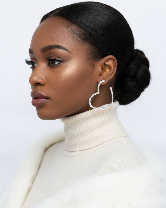 Women's Hoop Earrings. Sweet Sparkle Silver Metal Heart Shaped Open Hoop Earrings Featuring Clear Pave Rhinestone Detailing. 