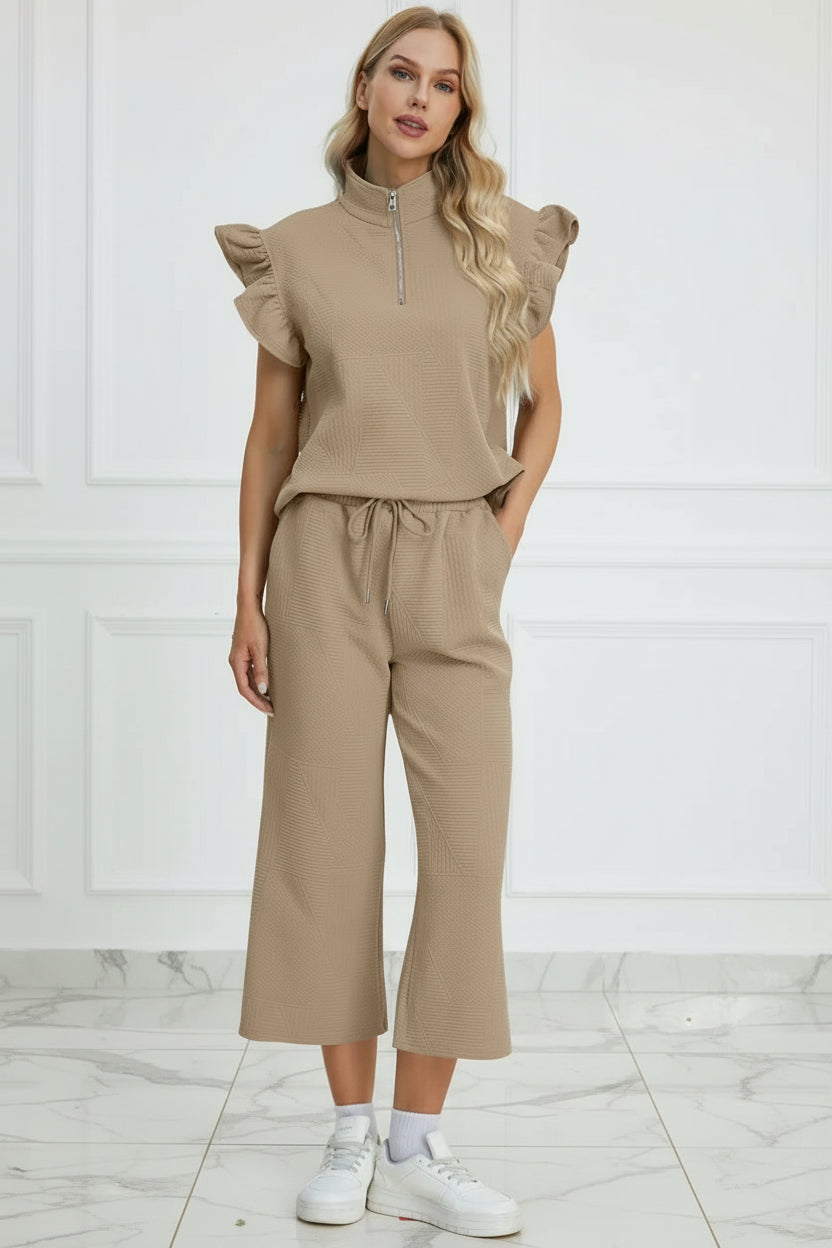 Ruffle Short Sleeve Top and  Pair of Wide Leg Pants 