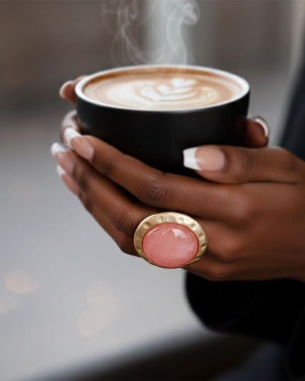 Women's Cocktail Ring. Style Statement Large Domed Round Marbled Pink Resin Cocktail Ring with Matte Gold Hammered Metal Edge. Stretch Metal Band.