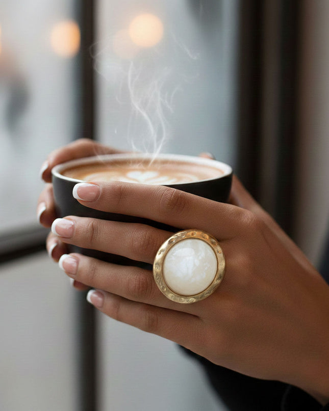 Women's Cocktail Ring. Style Statement Large Domed Round Marbled White Resin Cocktail Ring with Matte Gold Hammered Metal Edge. 