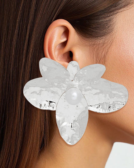 Stud Large Sculpted Petal Silver Flower Earrings