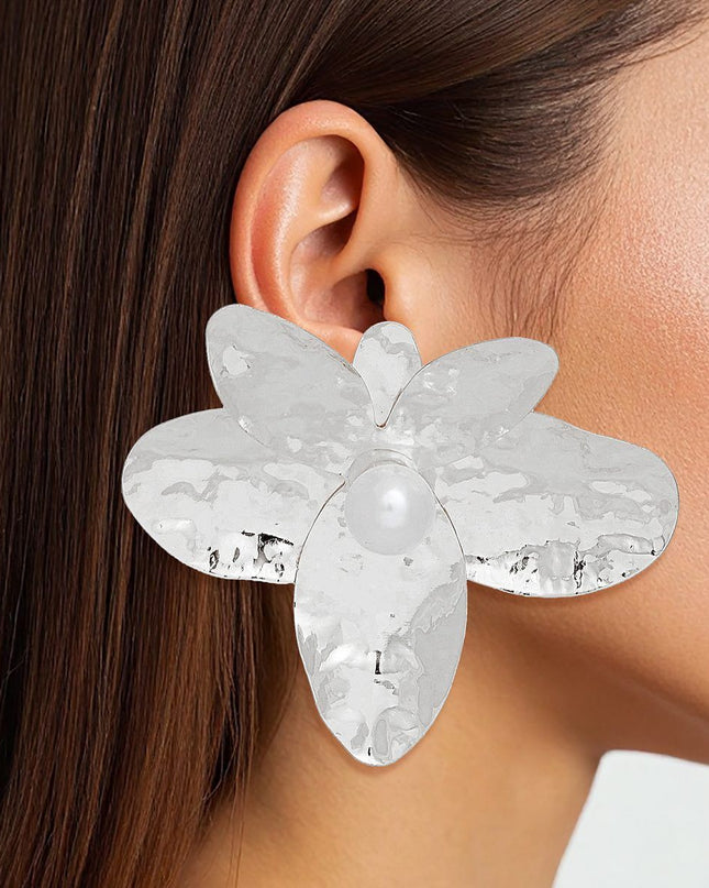 Stud Large Sculpted Petal Silver Flower Earrings