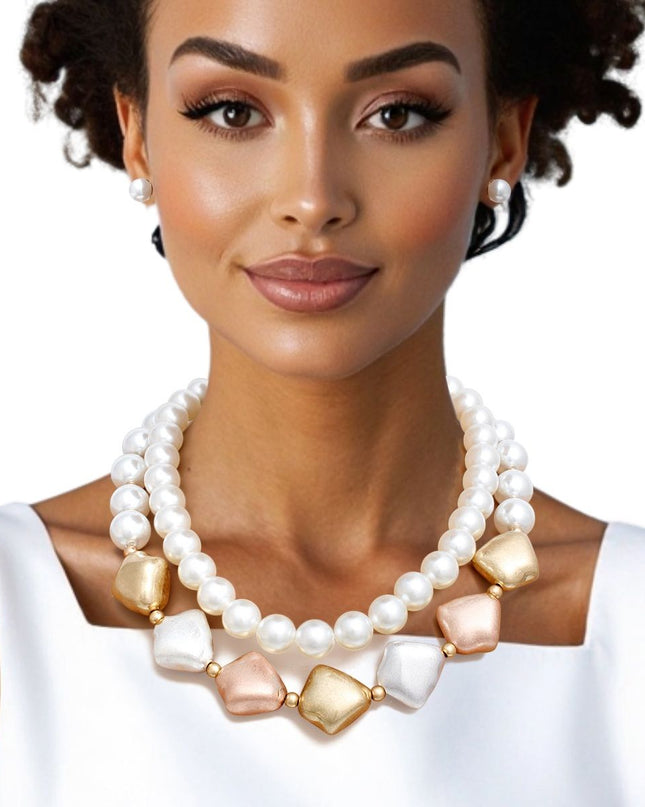 Women's Layered Vintage Pearl Necklace Set. Feminine and Elegant Vintage Inspired Faux Pearl Double Strand Layered Necklace Featuring Chunky Cream Acrylic Pearls and Matte Gold, Matte Silver, and Matte Rose Gold Acrylic Faux Natural Pearl Detailing. 