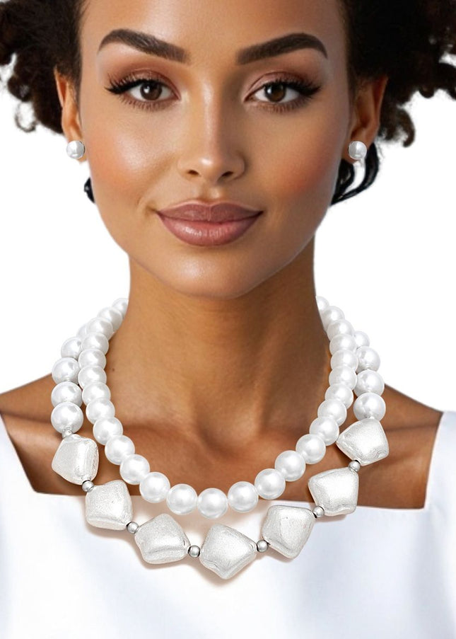 Women's Layered Vintage Pearl Necklace Set. Feminine and Elegant Vintage Inspired Faux Pearl Double Strand Layered Necklace Featuring Chunky White Acrylic Pearls and Matte Silver Acrylic Faux Natural Pearl Detailing. 