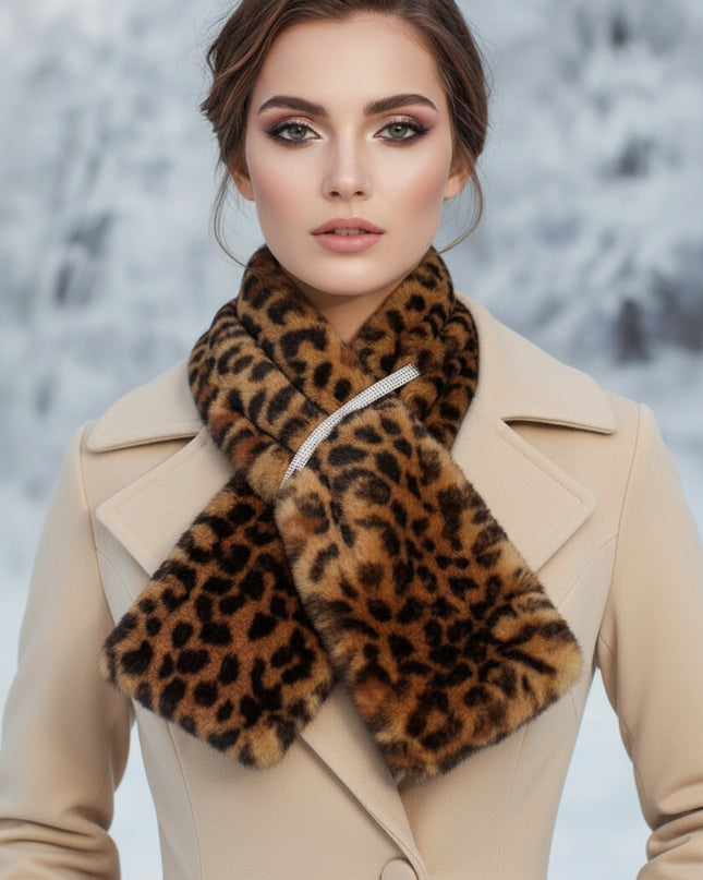 Women's Winter Scarf. Instant Glamor Luxe Faux Fur Bold Brown Leopard Print Collar Winter Stole Scarf Featuring Elegant Dazzling Rhinestone Band Pull Through for a Stay-Put Style. Plush, Ultra-Soft, and Effortlessly Chic. Perfect Statement Accessory for Cold Weather Winter Styling. 100% Polyester.