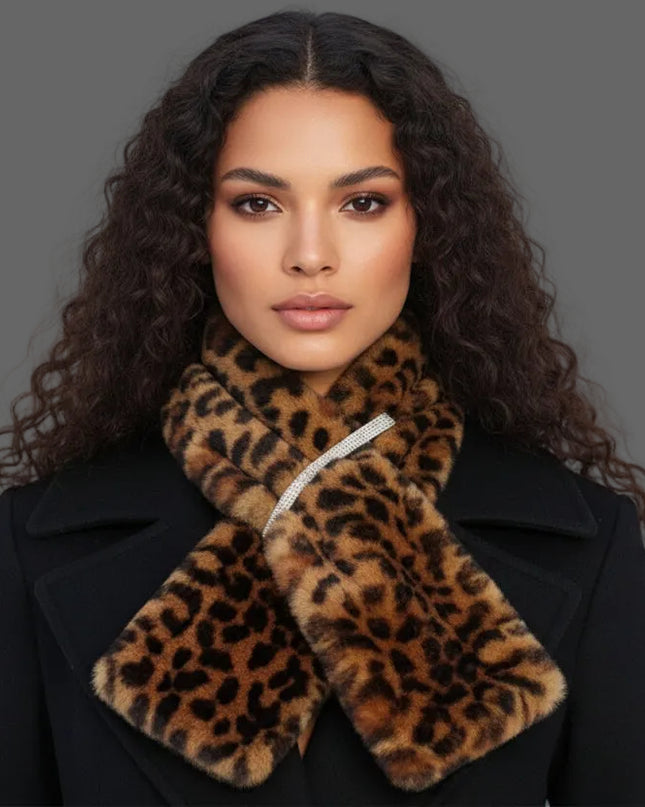 Women's Winter Scarf. Instant Glamor Luxe Faux Fur Bold Brown Leopard Print Collar Winter Stole Scarf Featuring Elegant Dazzling Rhinestone Band Pull Through for a Stay-Put Style. Plush, Ultra-Soft, and Effortlessly Chic. Perfect Statement Accessory for Cold Weather Winter Styling. 100% Polyester.