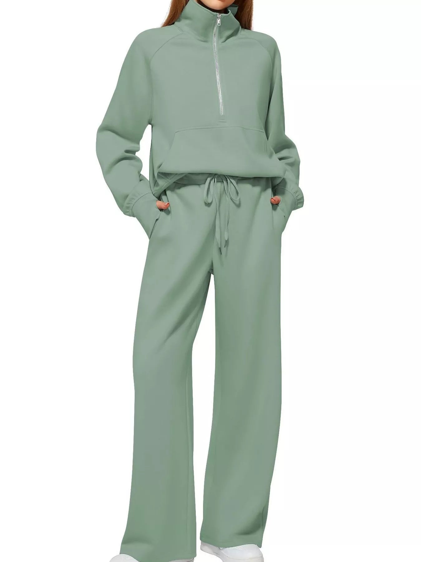 Light green high collar sweatshirt and matching pants