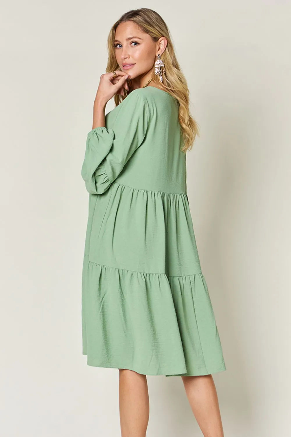 Light Green V-Neck Balloon Sleeve Tiered Dress with Pockets