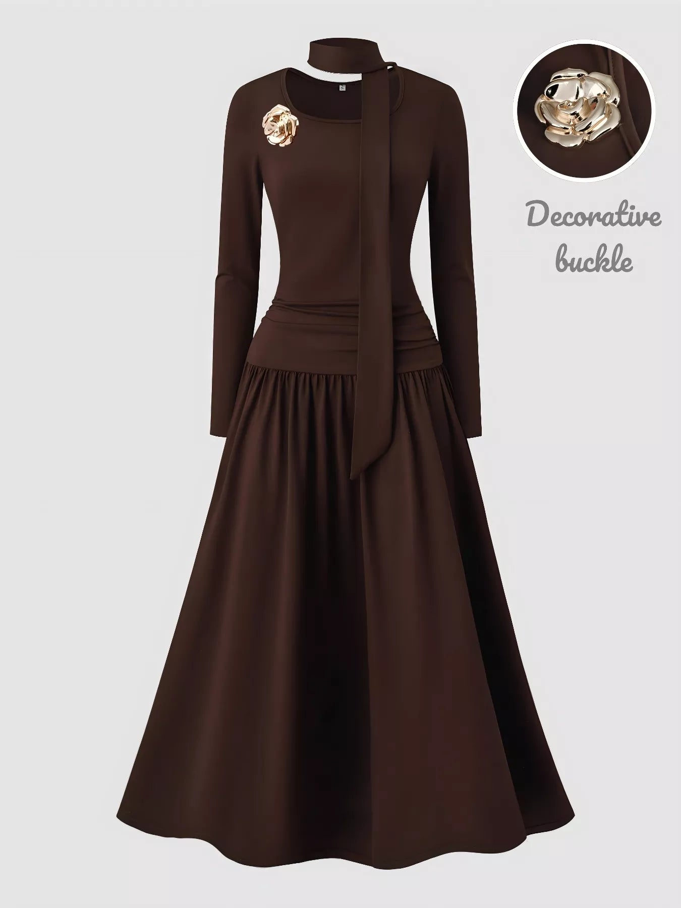 Dark Brown Dress with a Scarf and a Decorative Buckle