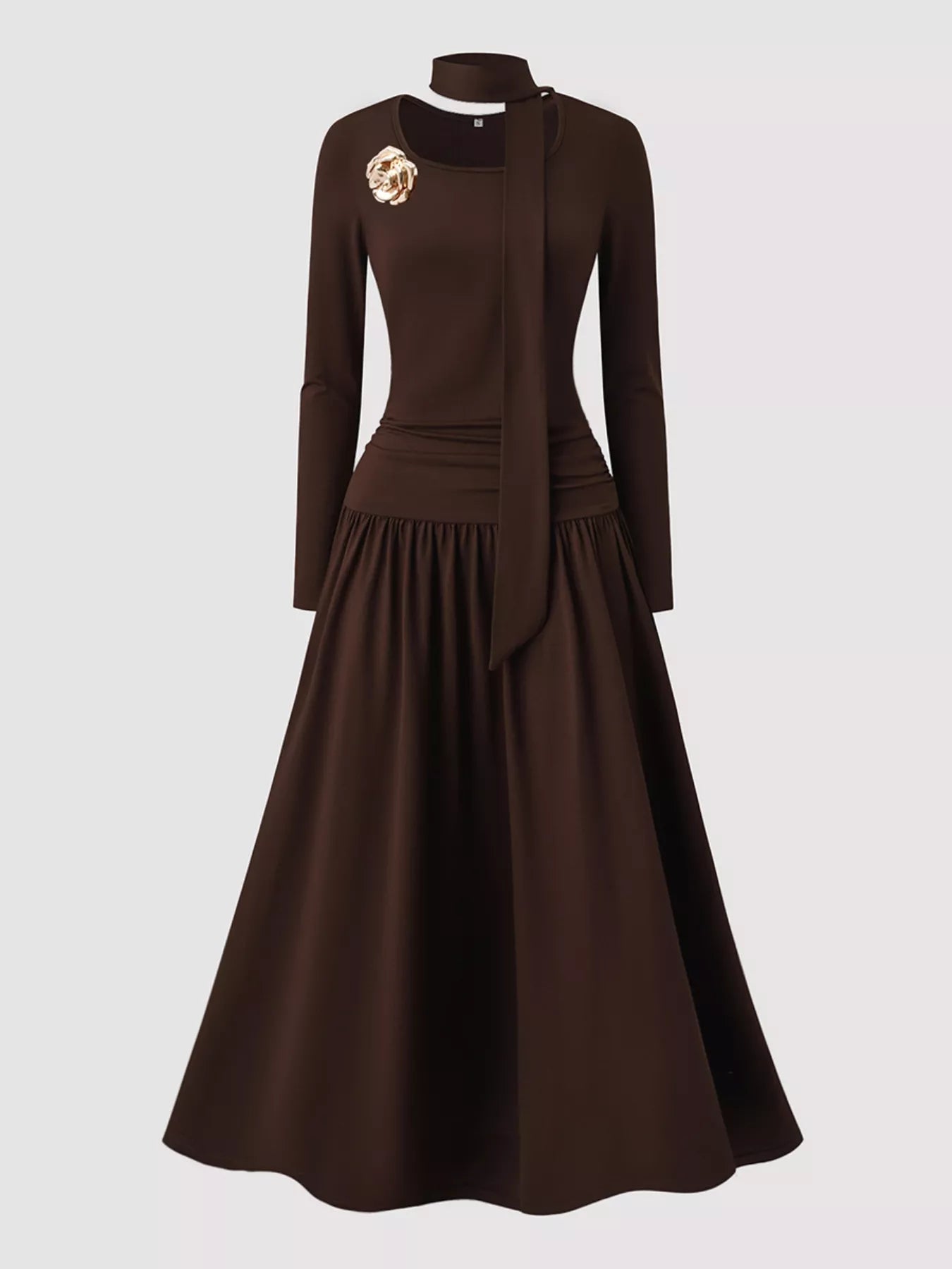 Dark Brown Long Sleeve Dress with a Scarf